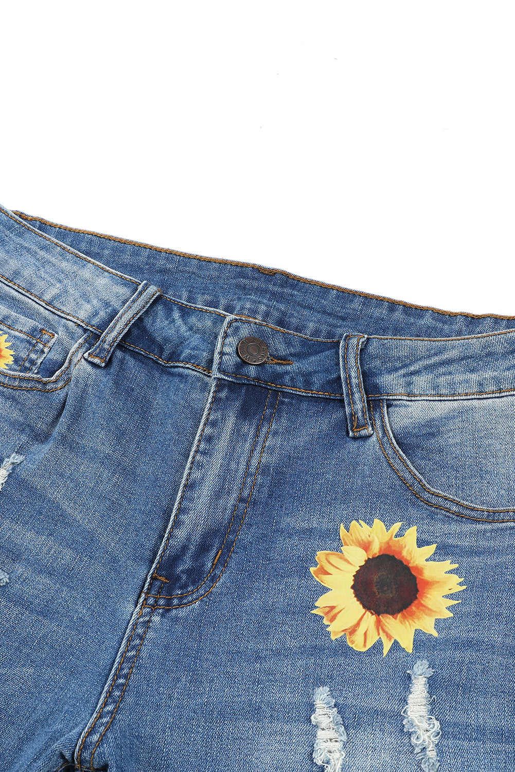 Blue Sunflower Print Ripped Mid Rise Straight Leg Graphic Jeans