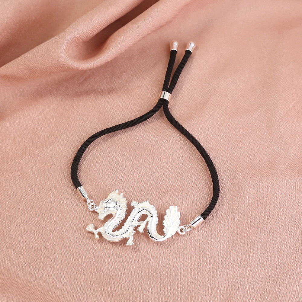 Glow-in-the-dark Silver Dragon Leather Adjustable Drawstring Bracelet