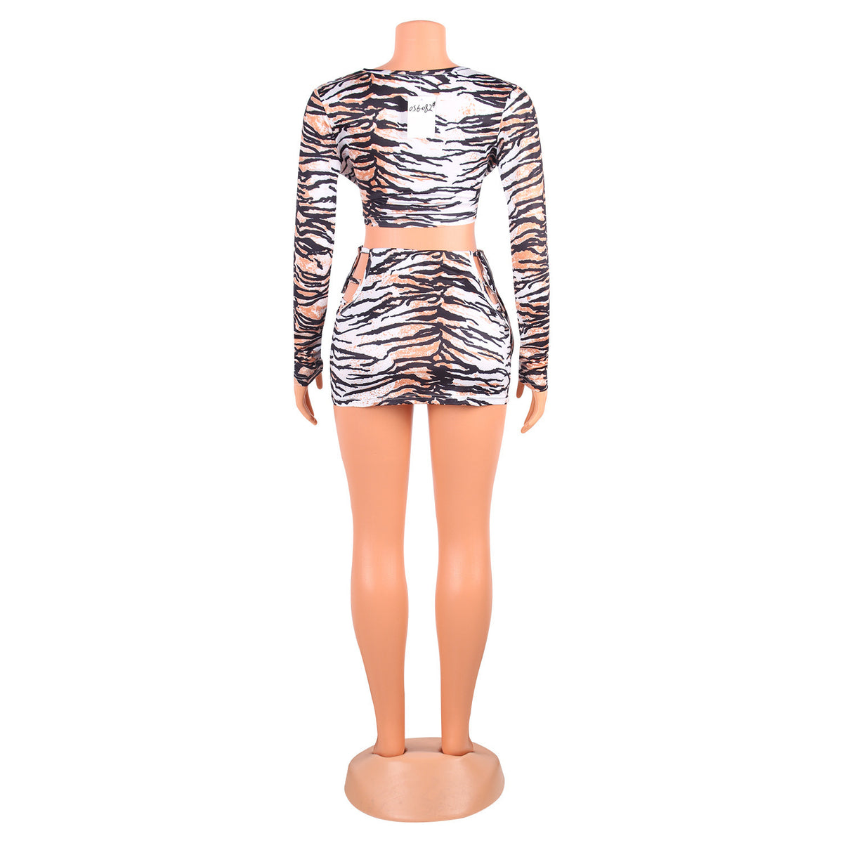 Sexy Long Sleeve Tiger Print Tie Front Crop Top And Micro Mini Skirt Two Piece Set