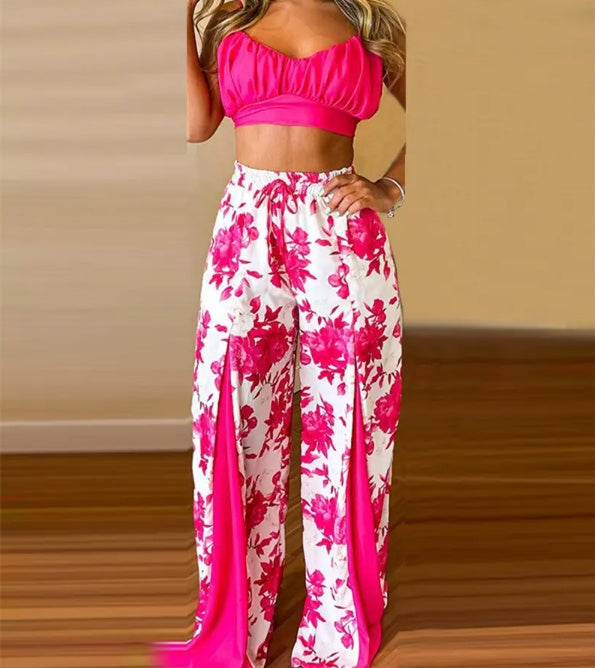 Women's Printed Contrast Wide Leg Pant Two Piece Outfit Set