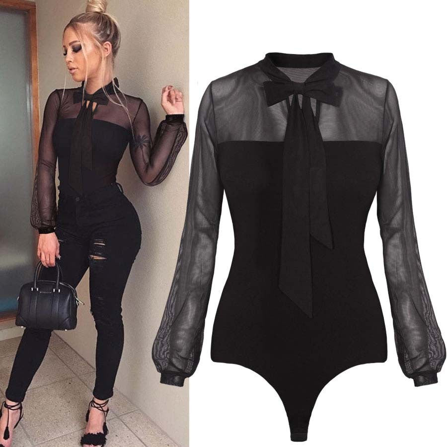 Black Bow Tie Lace Mesh Long Sleeve Sheer Bodysuit