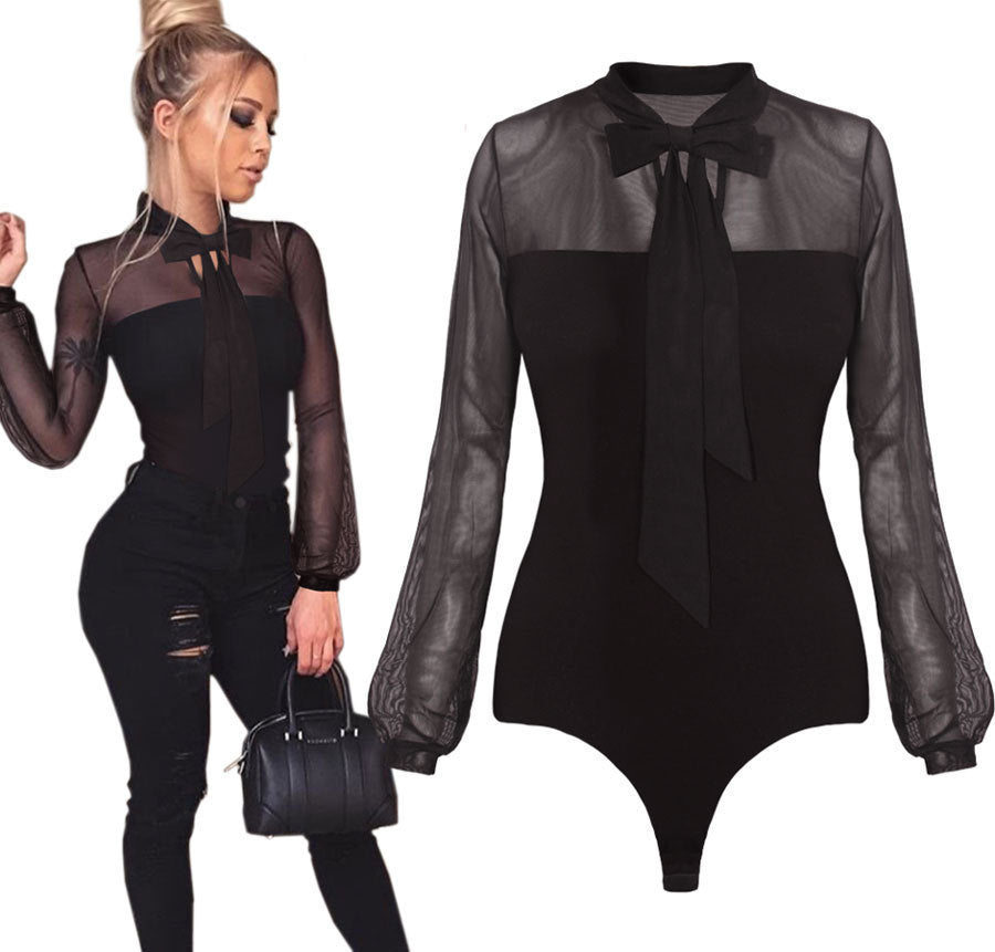 Black Bow Tie Lace Mesh Long Sleeve Sheer Bodysuit