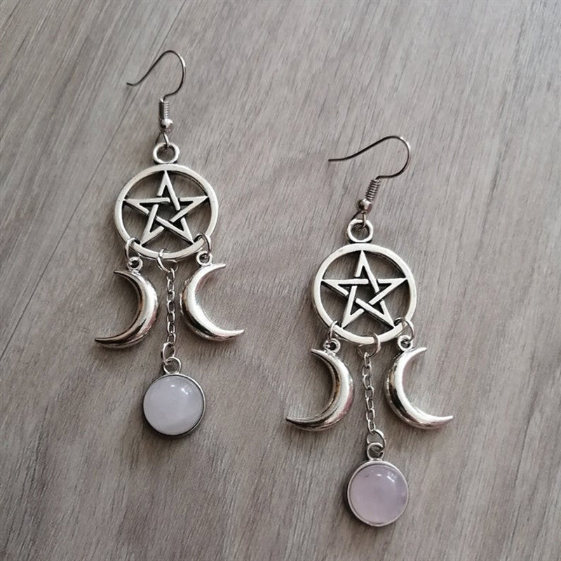 Five-pointed Star Purple Stone Crescent Moon Drop Earrings Natural Stone