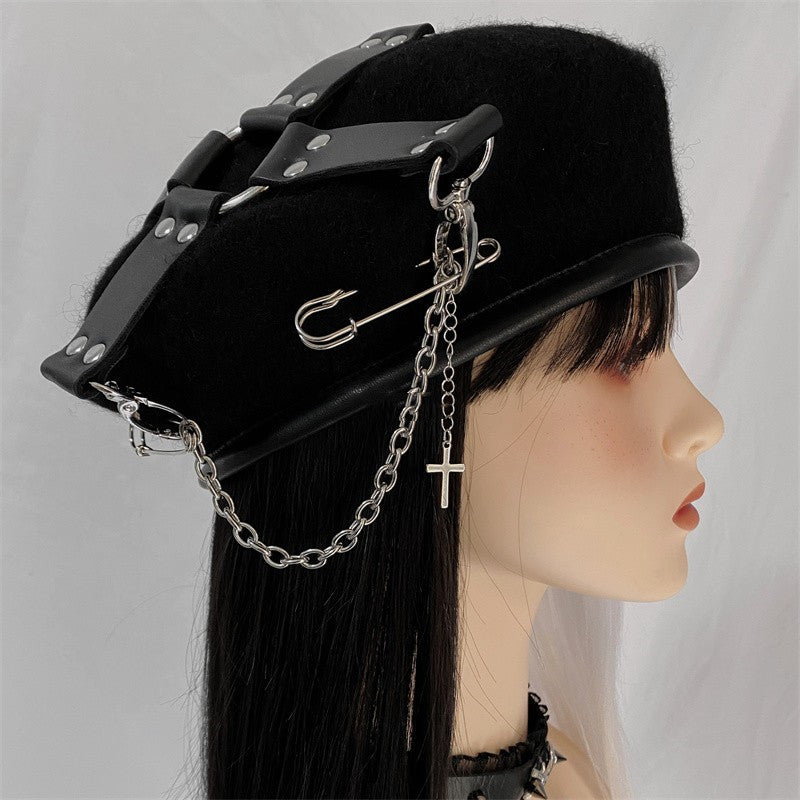 Punk Goth Pu Cross Pin Chain Painter Hat