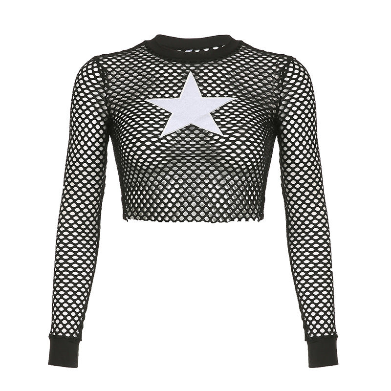 Hollow Mesh Star Long Sleeved Cropped Top Vintage Top