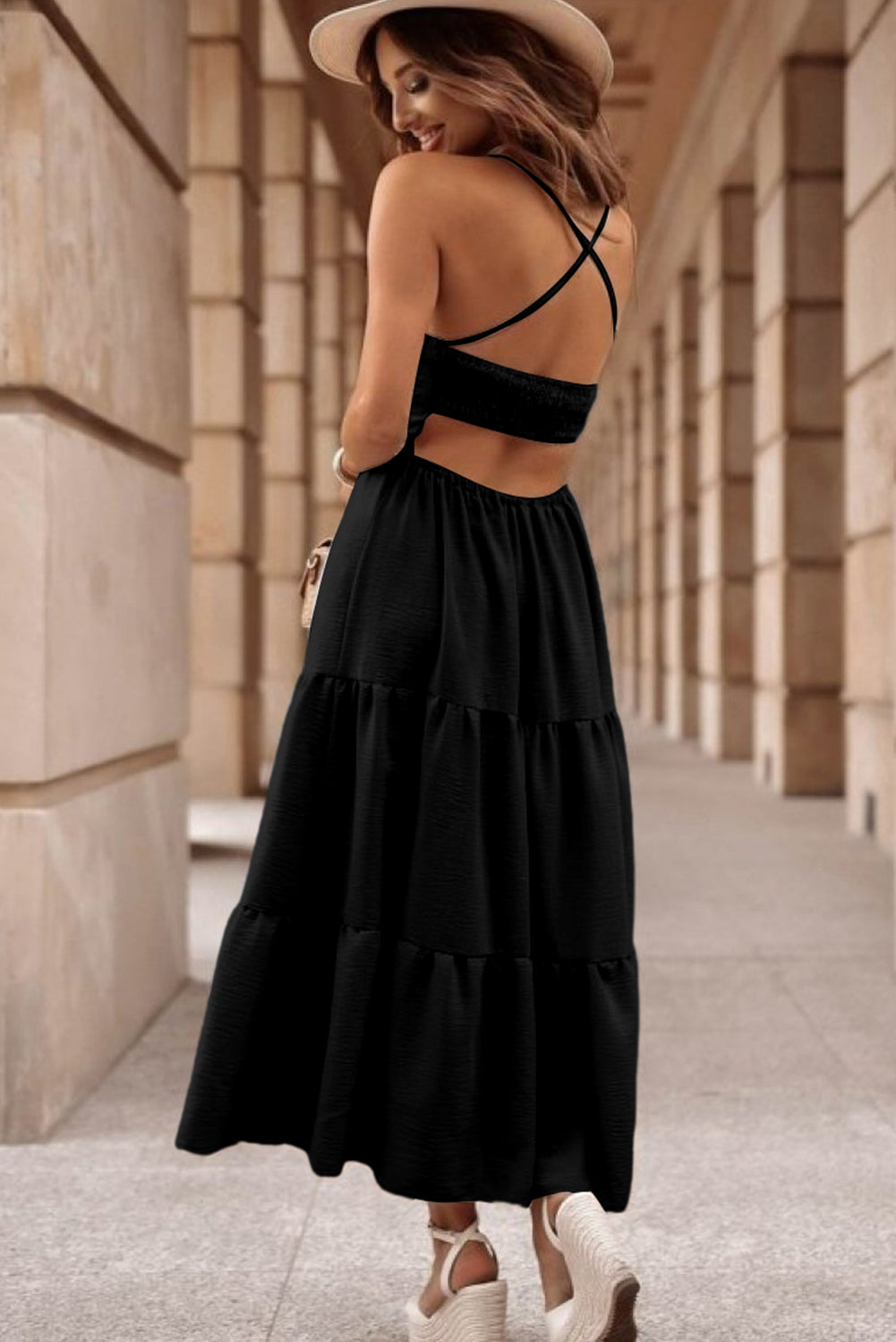 Black Crossover Backless Tiered Maxi Dress - Elegant and Stylish Bodice Dress