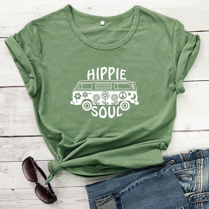 Hippie Soul Casual Round Neck Short Sleeved Graphic Print Tee Shirt