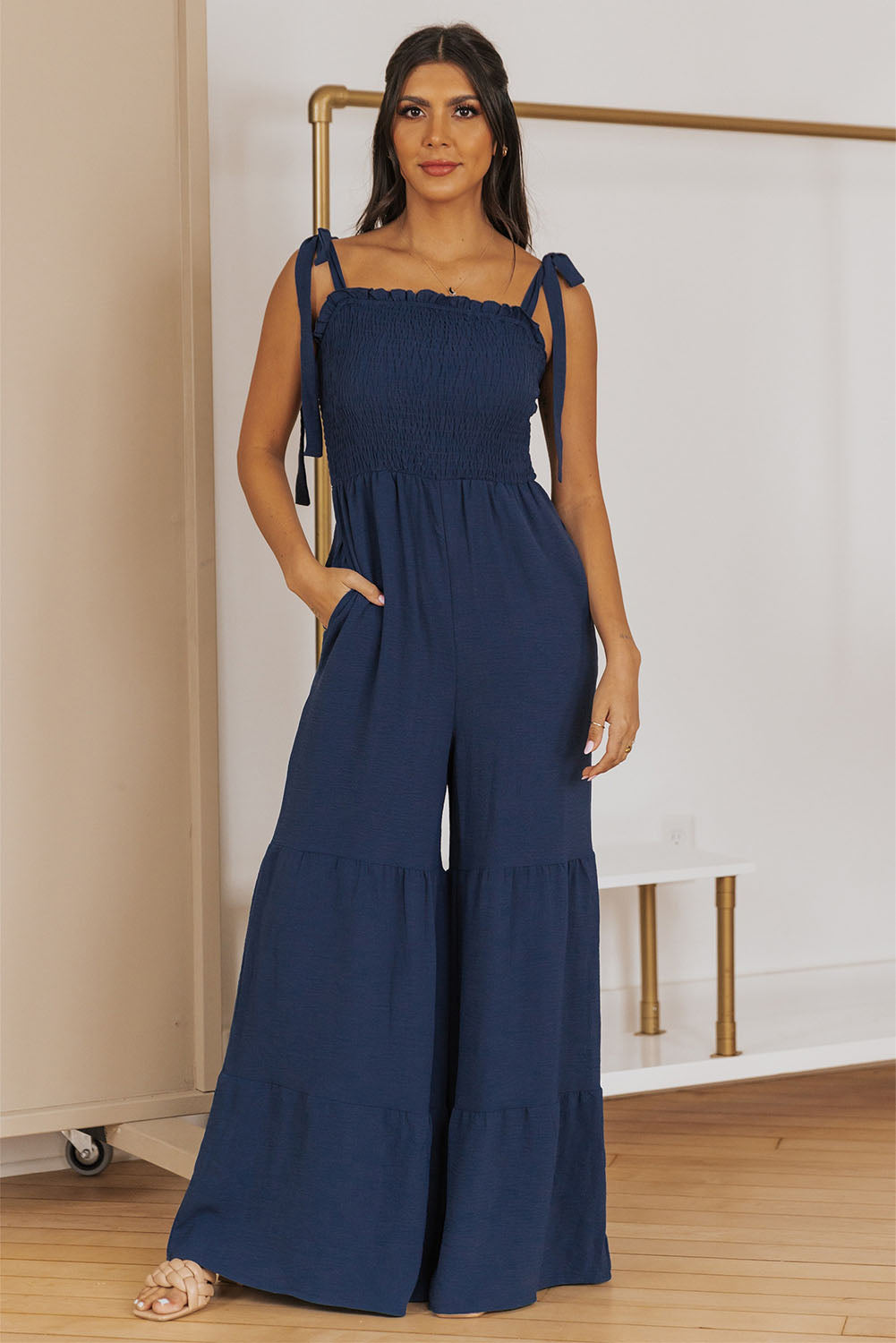 Apricot Tie Straps Shirred Casual Tiered Wide Leg Jumpsuit