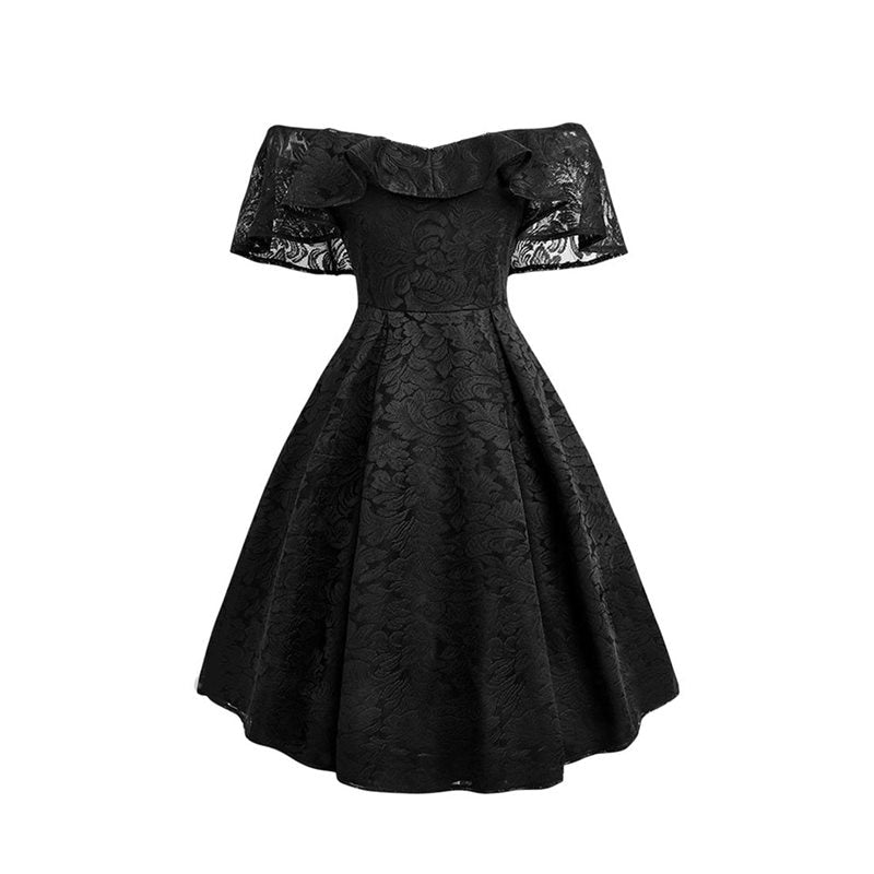 Off The Shoulder Lace Pleated Retro Swing Dress