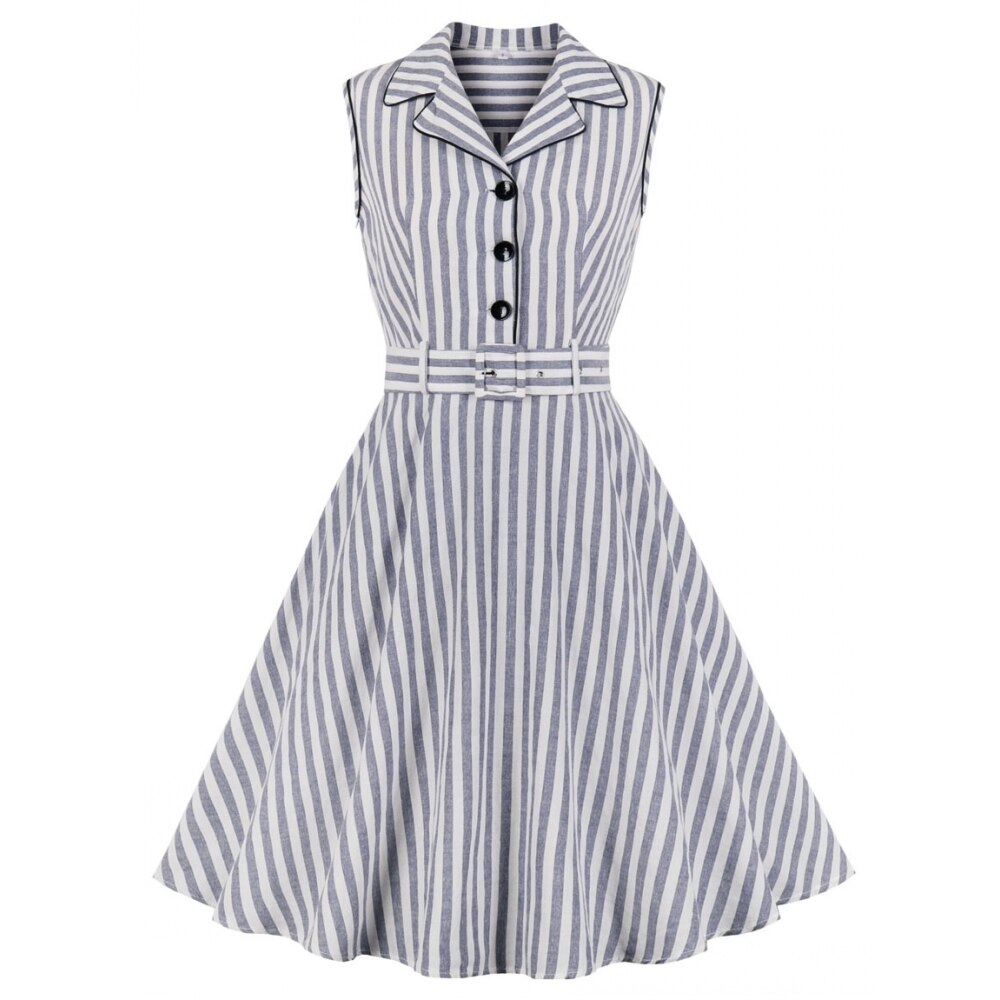 Summer By The Sea Striped Three Button Collared Retro Swing Dress