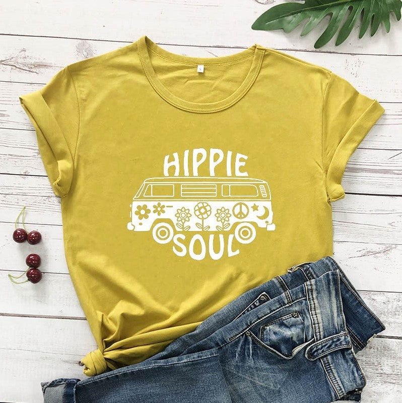 Hippie Soul Casual Round Neck Short Sleeved Graphic Print Tee Shirt