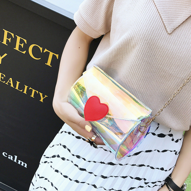 Transparent Laser Cut Holographic Red Heart Closure Pastel Rainbow Shoulder Bag With Chain Strap