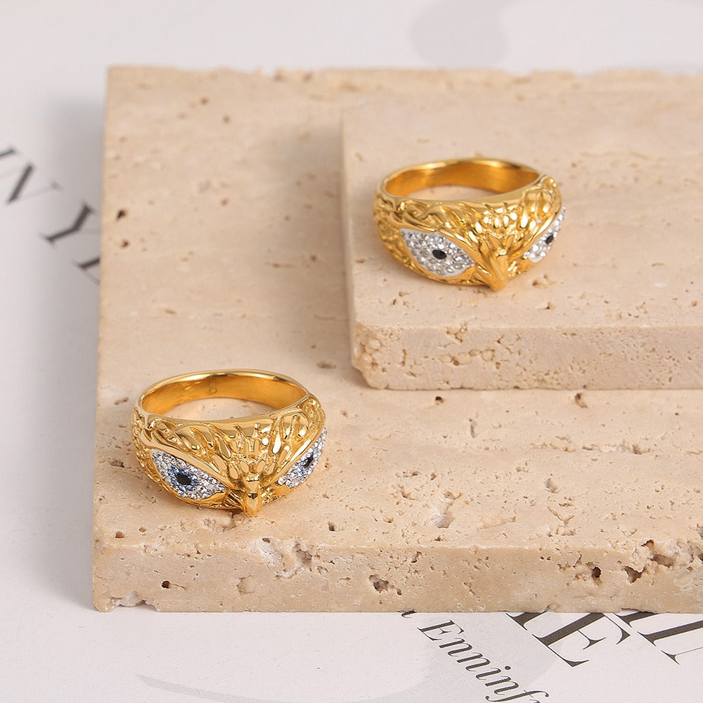 18K gold exaggerated personalized owl inlaid with zircon design simple style ring