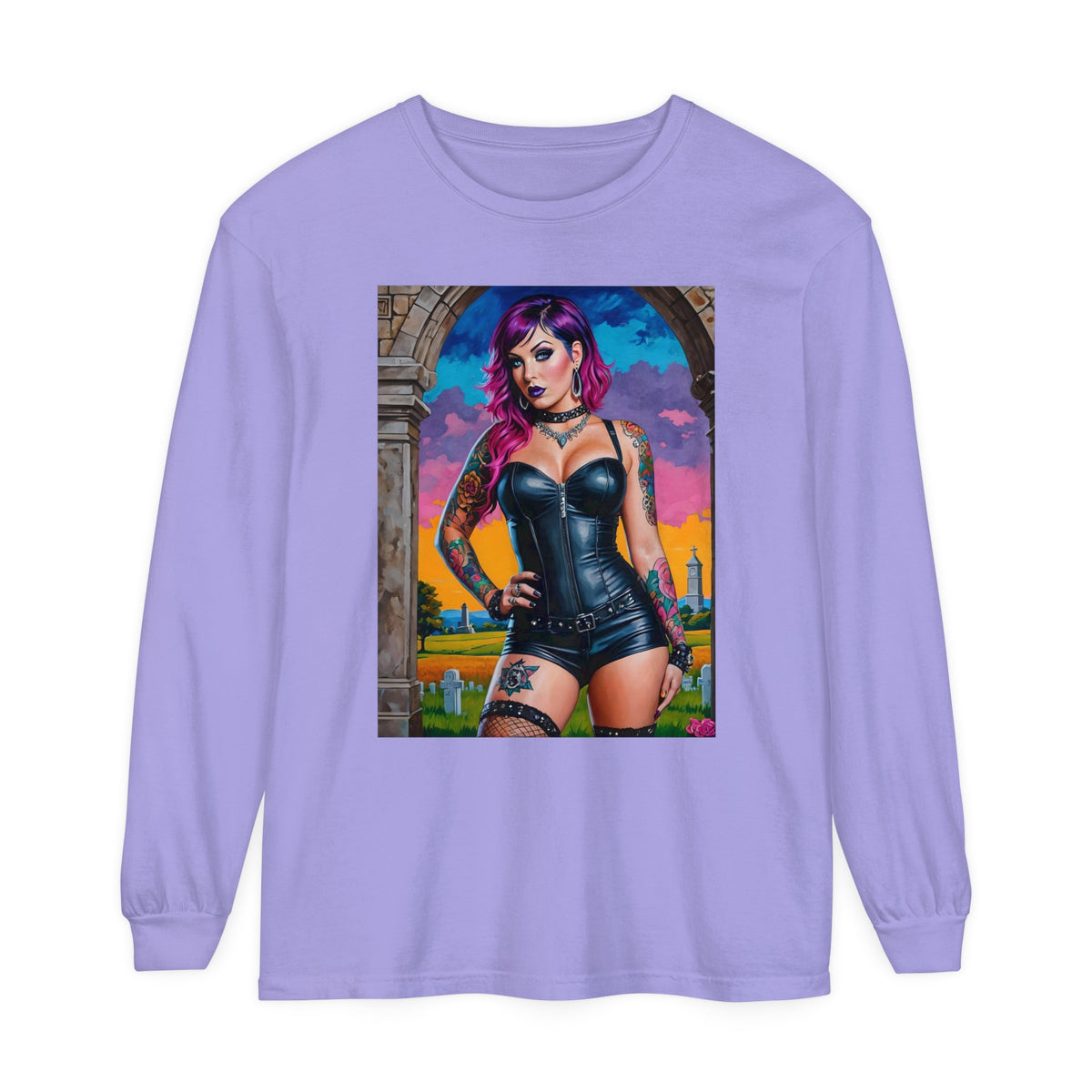 Goth Graveyard Girl Series - Design Three - Unisex Garment-dyed Long Sleeve T-Shirt