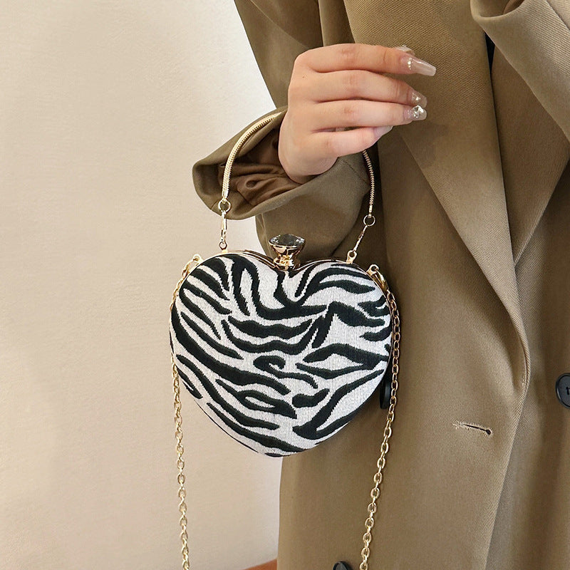 Animal Print Crossbody Chain Strap Heart Shoulder Bag