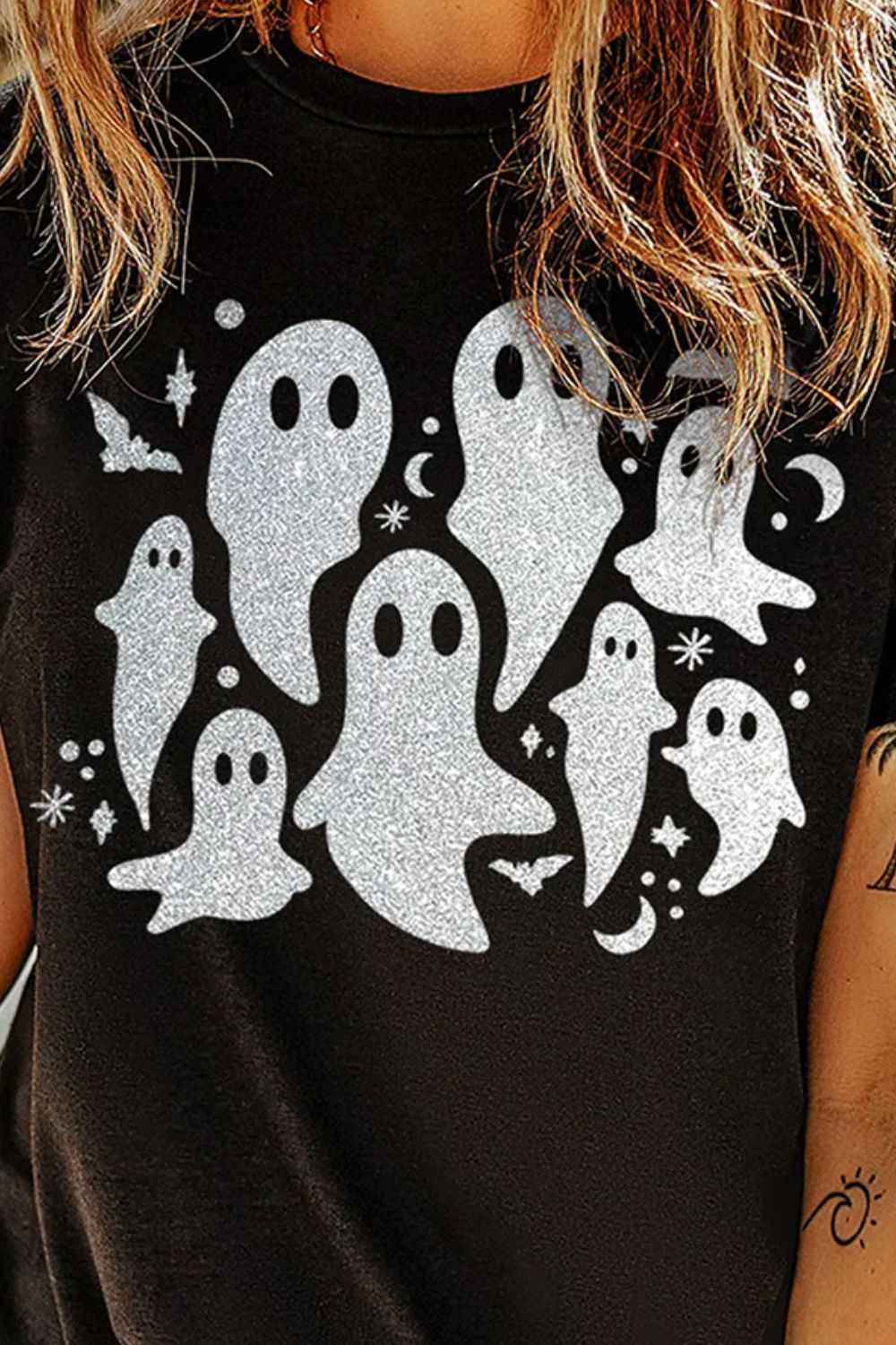 Full Size Glitter Ghost Round Neck Short Sleeve T-Shirt