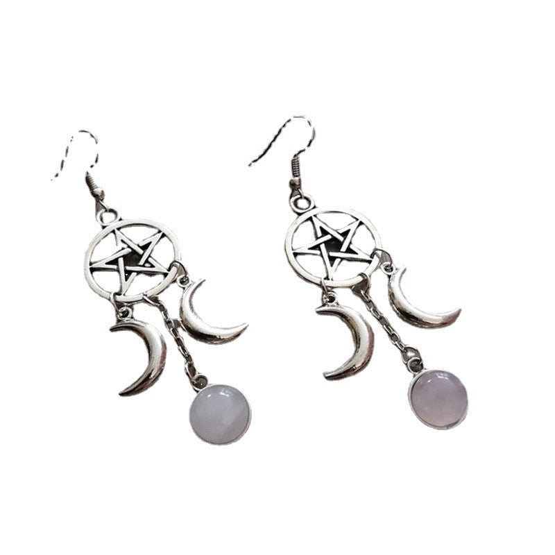 Five-pointed Star Purple Stone Crescent Moon Drop Earrings Natural Stone