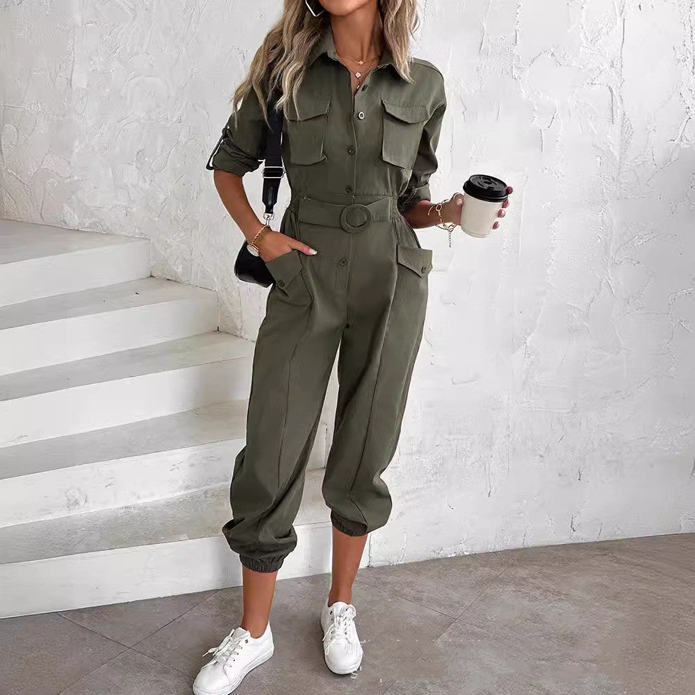 Casual And Sporty Retro Waist-tied Leisure Cargo Jumpsuit