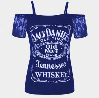 Smooth As Whiskey Cold Shoulder Lace Short Sleeved Casual Graphic Print Tee Shirt