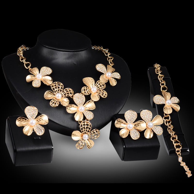 Gold Flower Jewelry Exaggerated Alloy Four-Piece Set