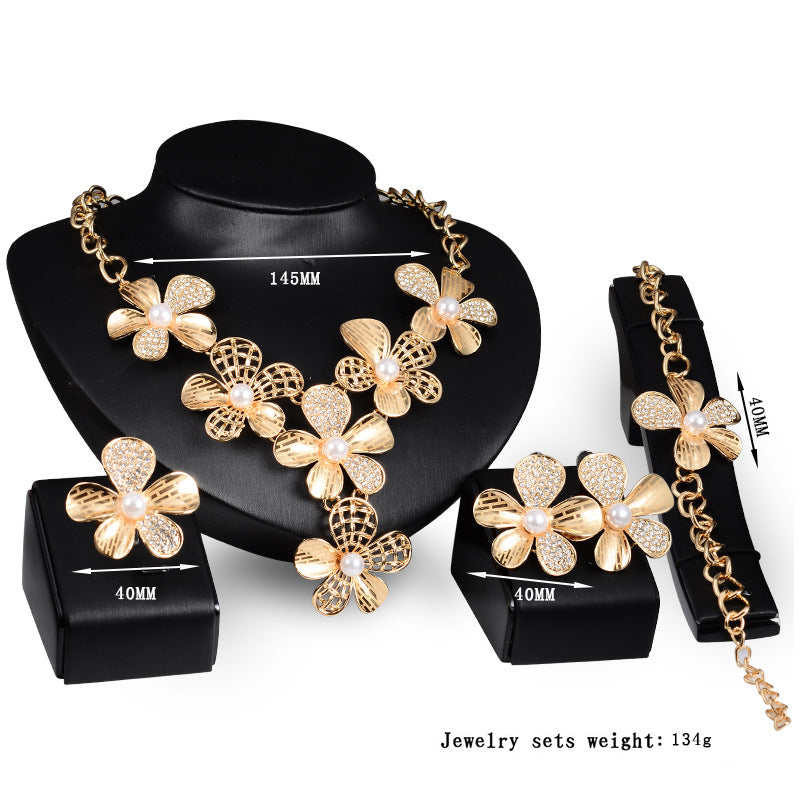 Gold Flower Jewelry Exaggerated Alloy Four-Piece Set