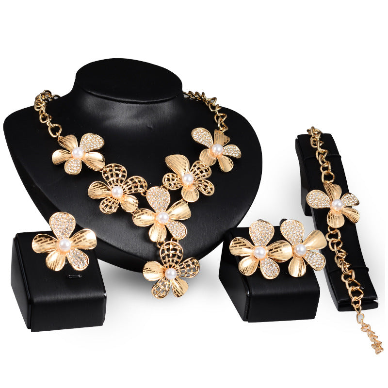 Gold Flower Jewelry Exaggerated Alloy Four-Piece Set