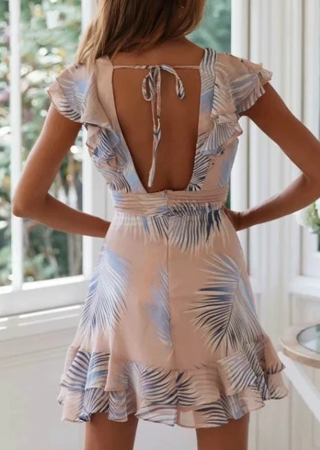 Peachy V Neck Ruffle Front and Bottom Flutter Sleeve Backless Short Boho Dress