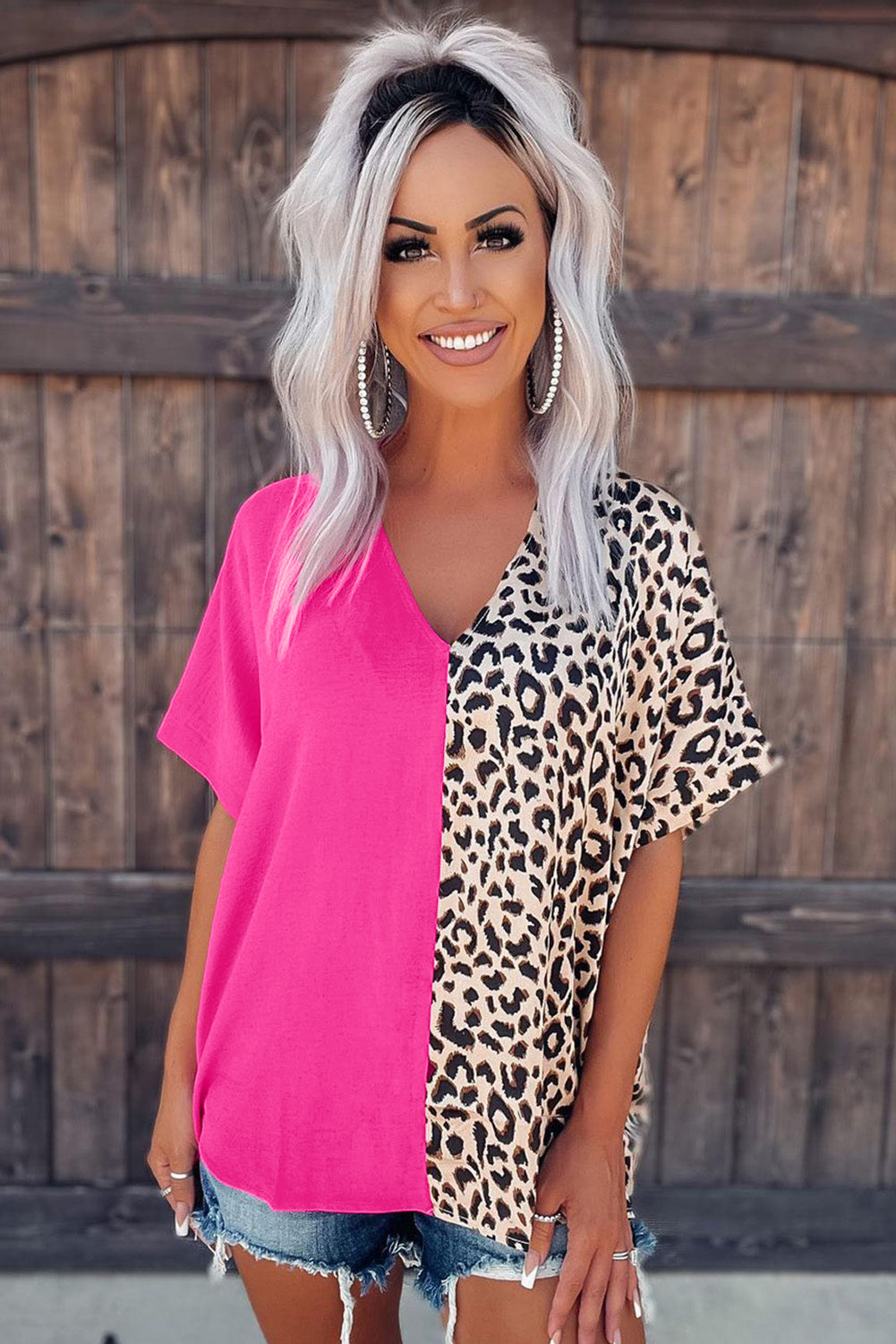 Rose Leopard Color Block Roll Tab Sleeve V Neck Top