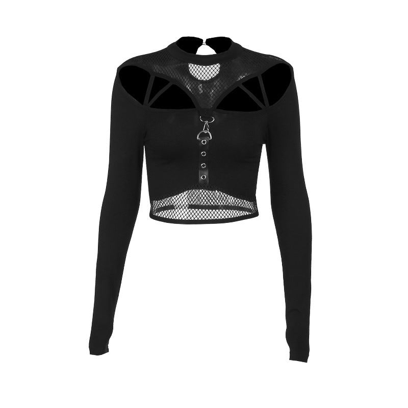 Dark Casual Temperament Wild Slim-fit Mesh Long-sleeved Top and Flare Leg Pant Options For Women