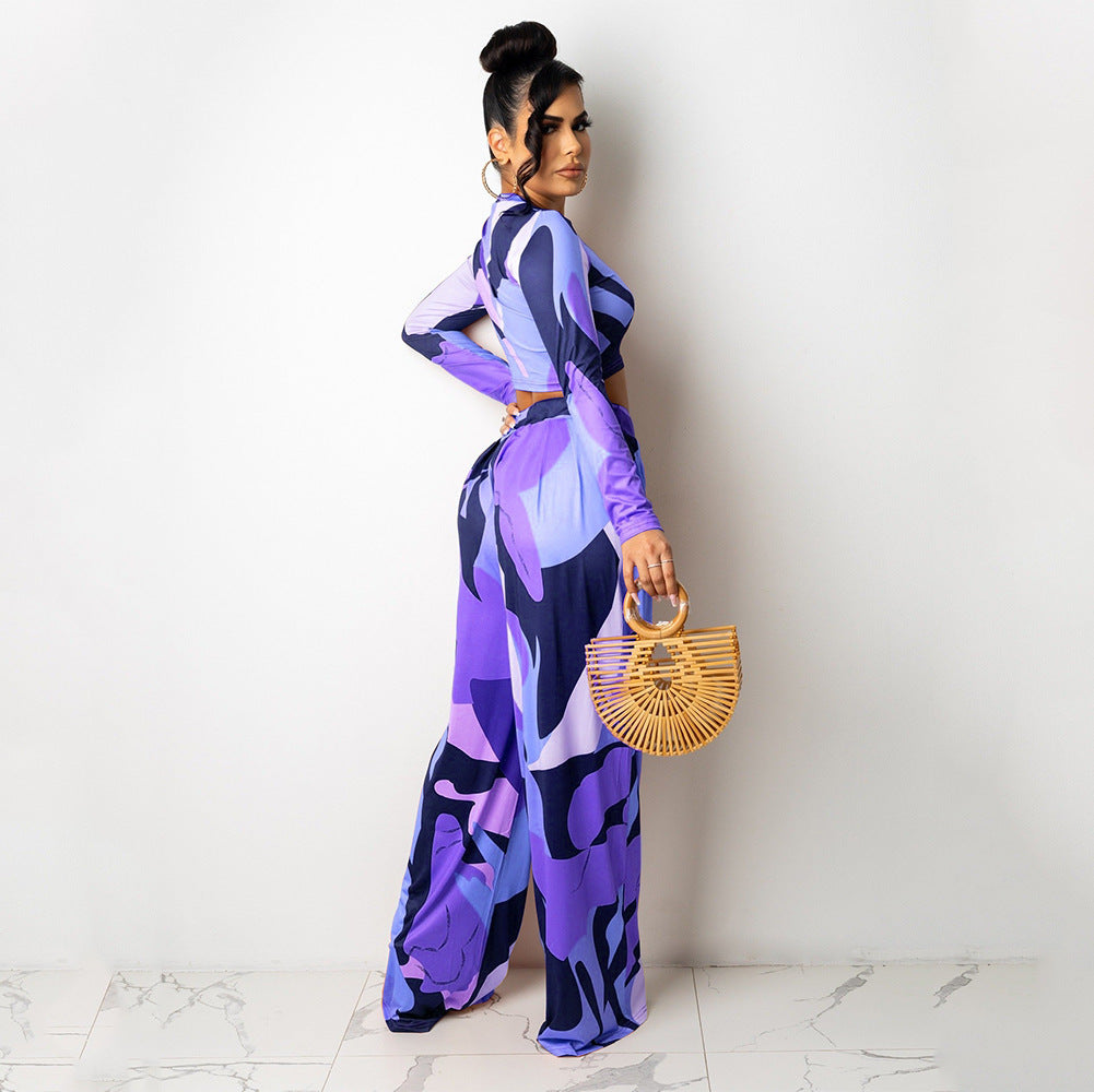 Casual Long-Sleeved Crop Top With Flared Digital Print Pants Two Piece Suit