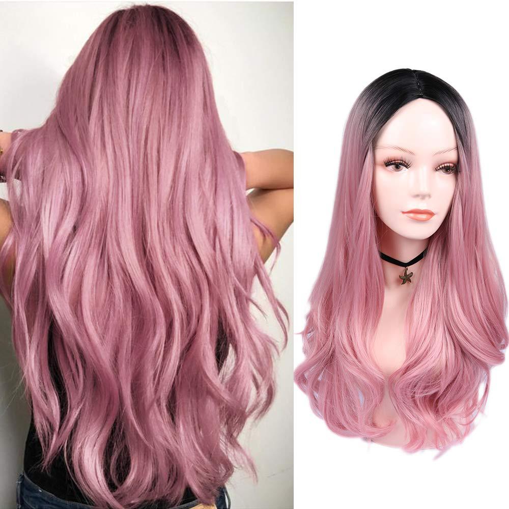 Blonde and Rose Gold Ombre Options Synthetic Hair Black Root Long Curly Wigs