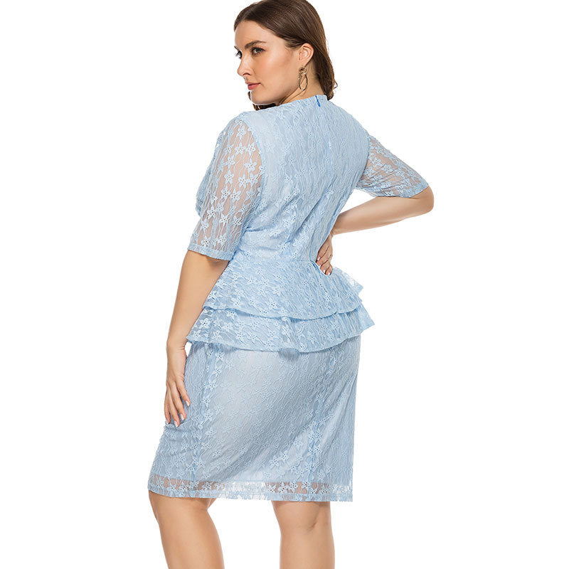 Plus Size Full Lace Peplum Waist Three Quarter Sleeve Midi Length Elegant Dress