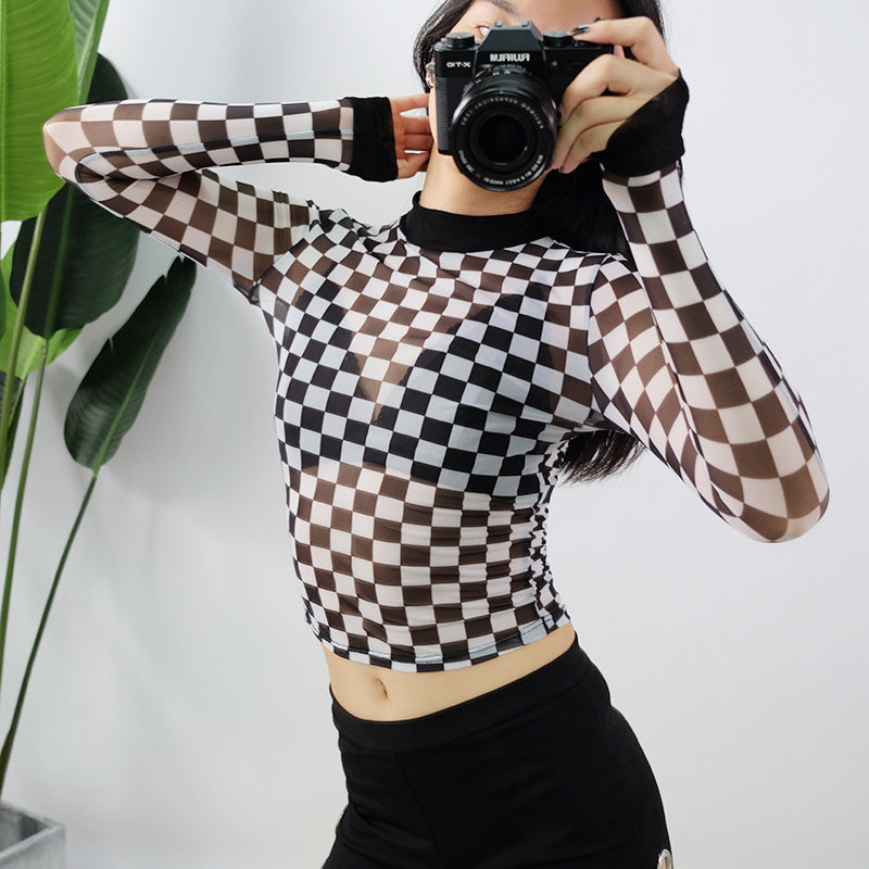 Punk Rock Checkerboard Mesh Sheer Long Sleeved Shirt