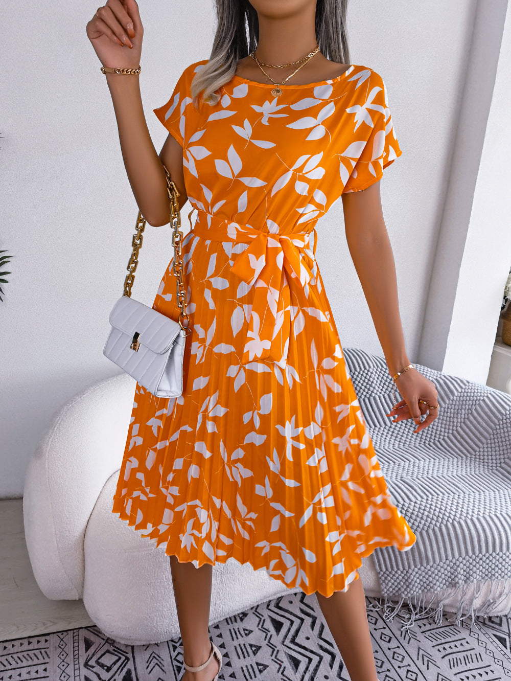 Leaf Print Boho Swing Tie Waste Dress