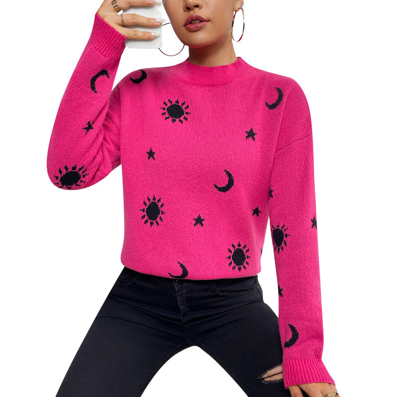 Jacquard Round Neck Pullover Knitted Sweater Women