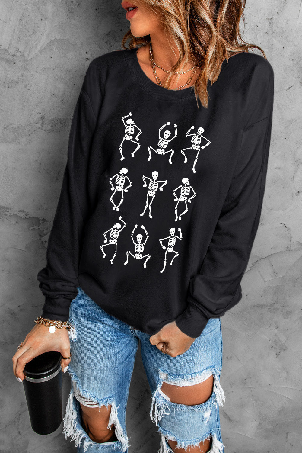 Black Dancing Skeleton Halloween Graphic Sweatshirt