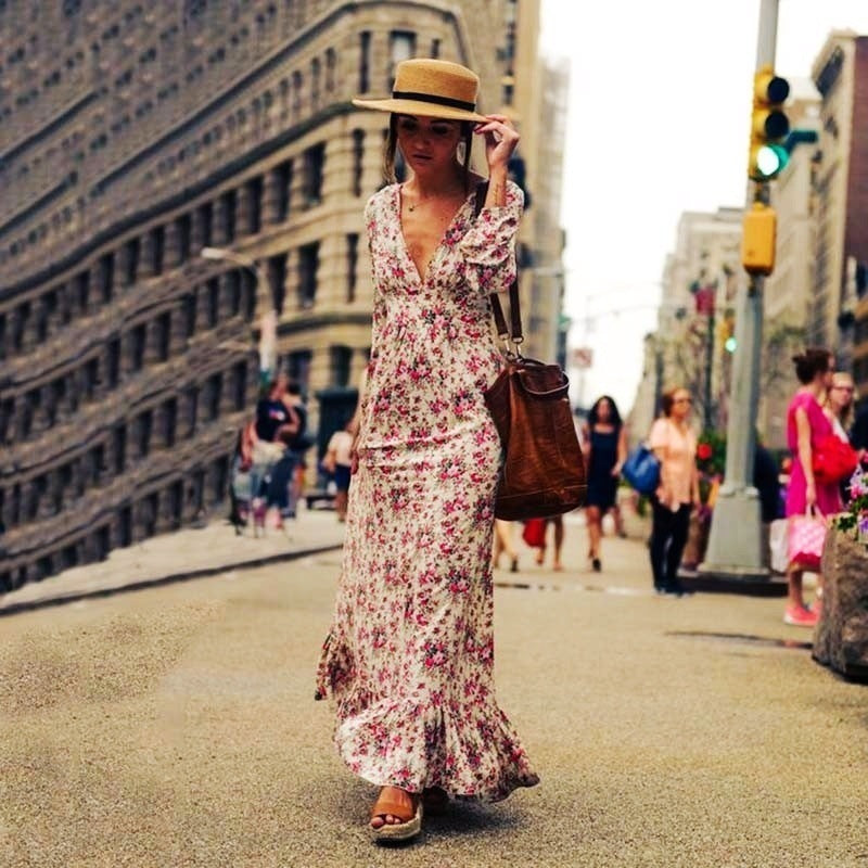 Ruffle Bottom Long Sleeve V Neck Printed Bohemian Maxi Dress