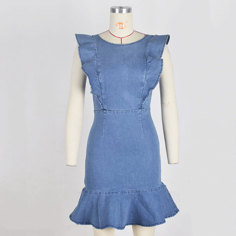 Ruffled Front Sleeve And Skirt Detailed Denim Minidress