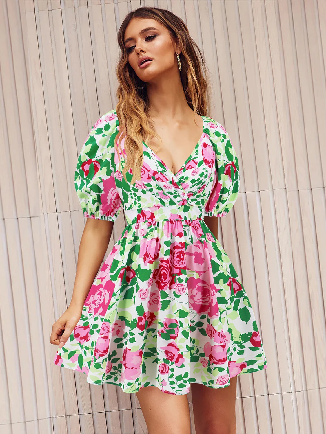 Bright Floral Printed V Neck Pleated Boho Short Sleeve Dress