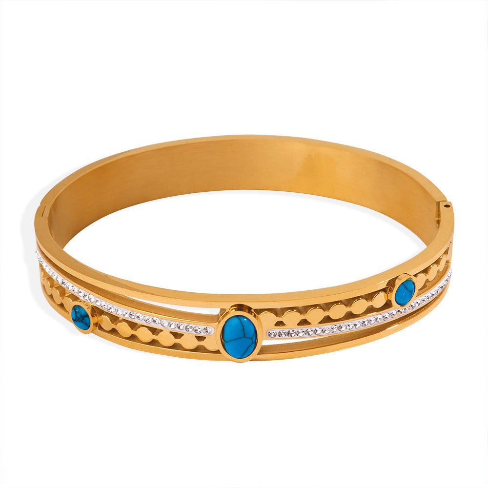 Trendy and fashionable 18k gold inlaid turquoise and zircon hollow design versatile bracelet