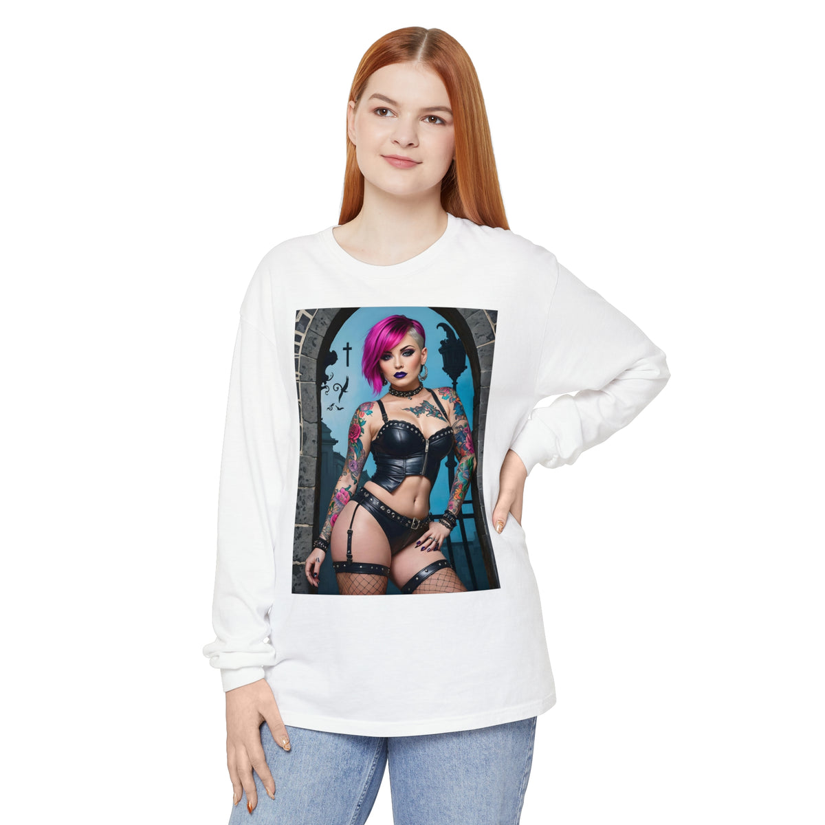 Goth Graveyard Girl Series - Design Six - Unisex Garment-dyed Long Sleeve T-Shirt