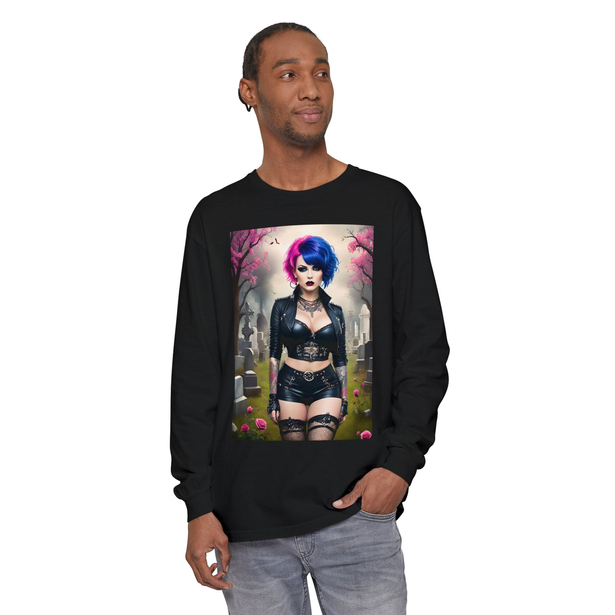 Goth Graveyard Girl Series - Design Thirteen - Unisex Garment-dyed Long Sleeve T-Shirt