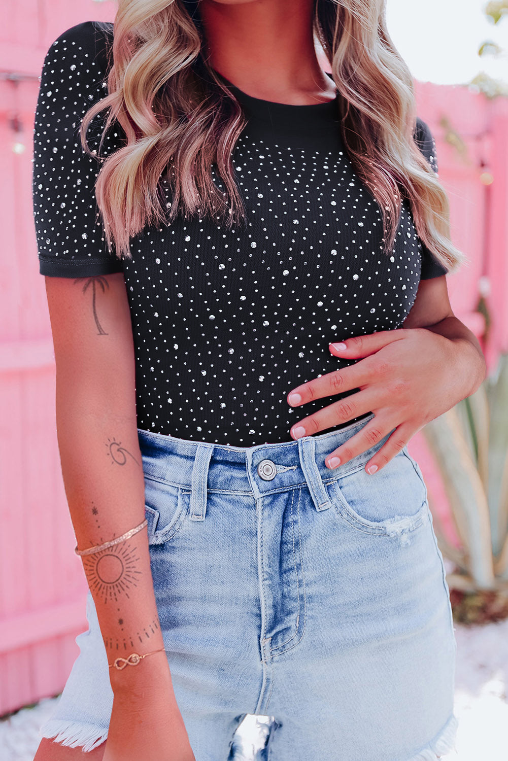 Rose Rhinestone Double Spaghetti Strap Crop Top