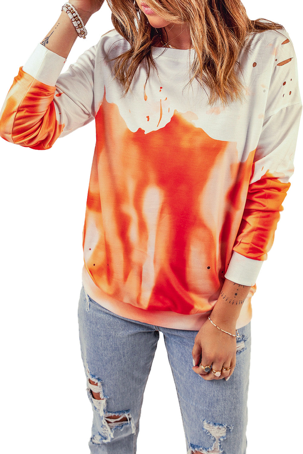 Orange and White Pullover Tie Dye Sweatshirt for Women