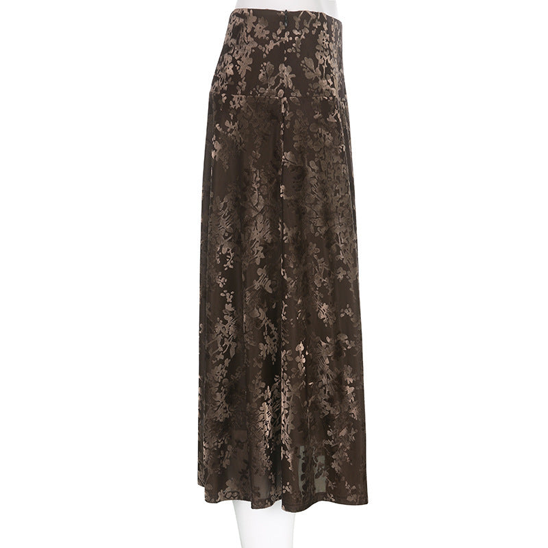 Vintage Dark Velvet Retro Printed Slim Ankle Length Skirt