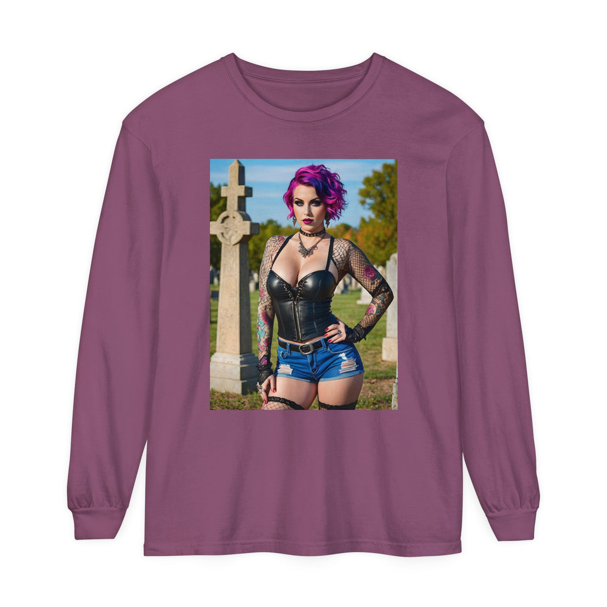 Goth Graveyard Girl - Design Fourteen- Unisex Garment-dyed Long Sleeve T-Shirt