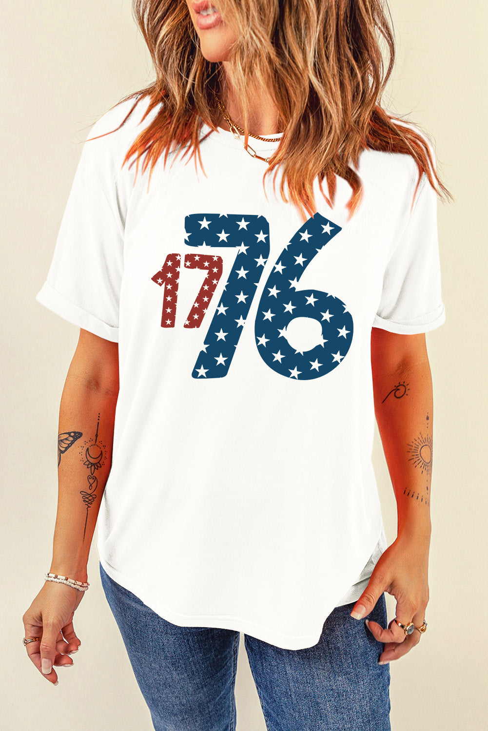 White Flag Day Star 1776 Graphic Crew Neck T Shirt