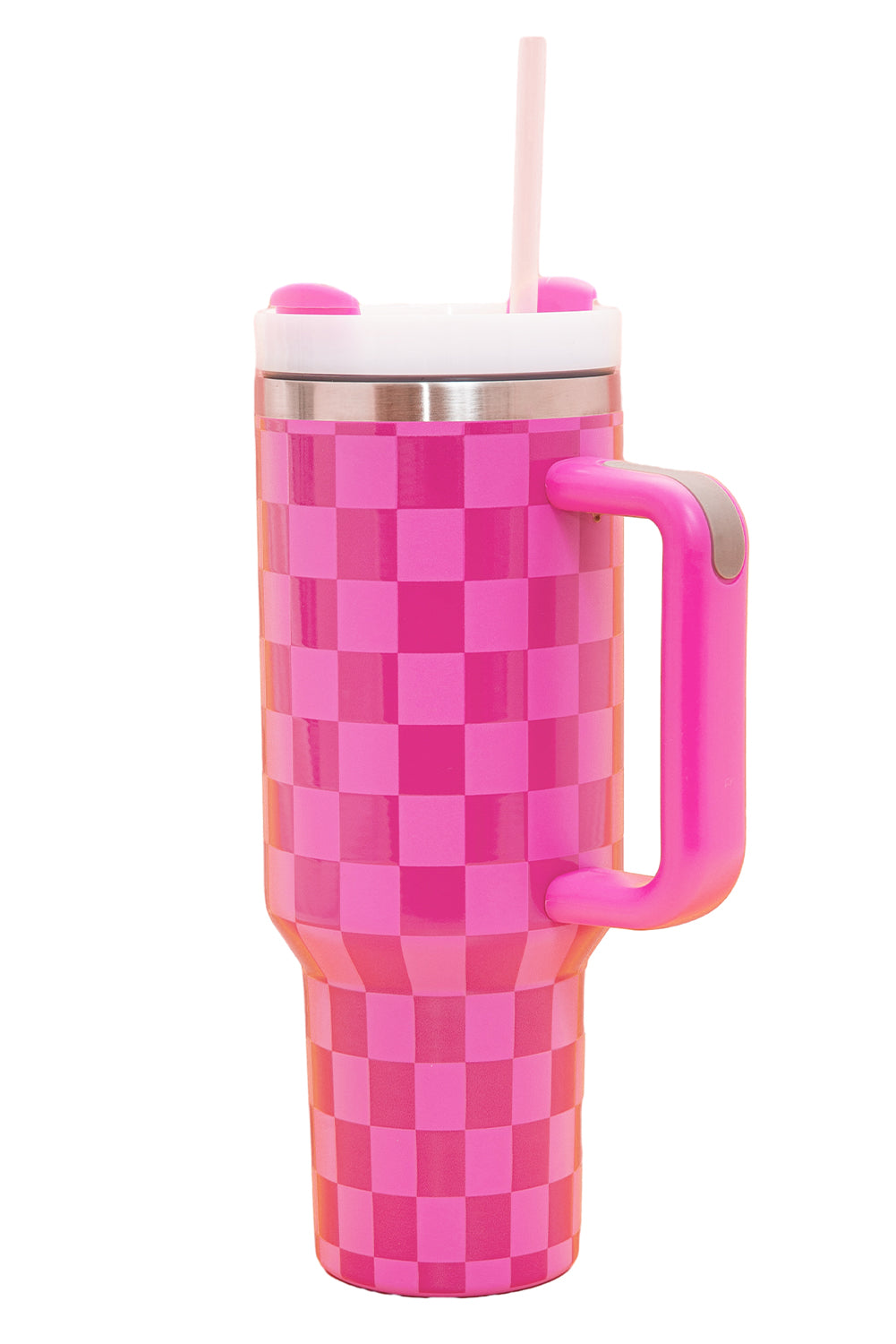 Black Pink Checkered Print Handled Stainless Steel Tumbler Cup