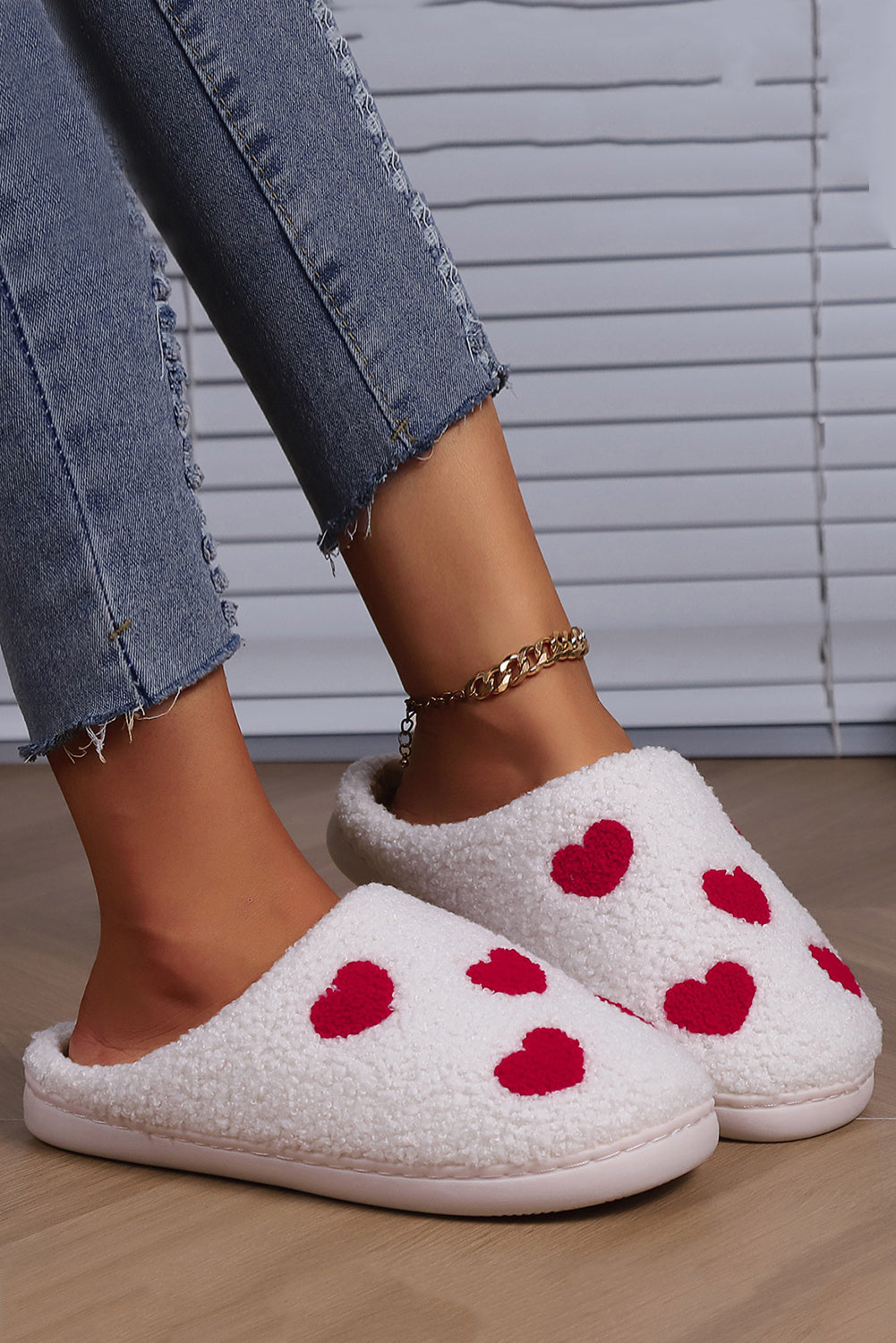 White Valentines Day Hearts Print Plush Slippers