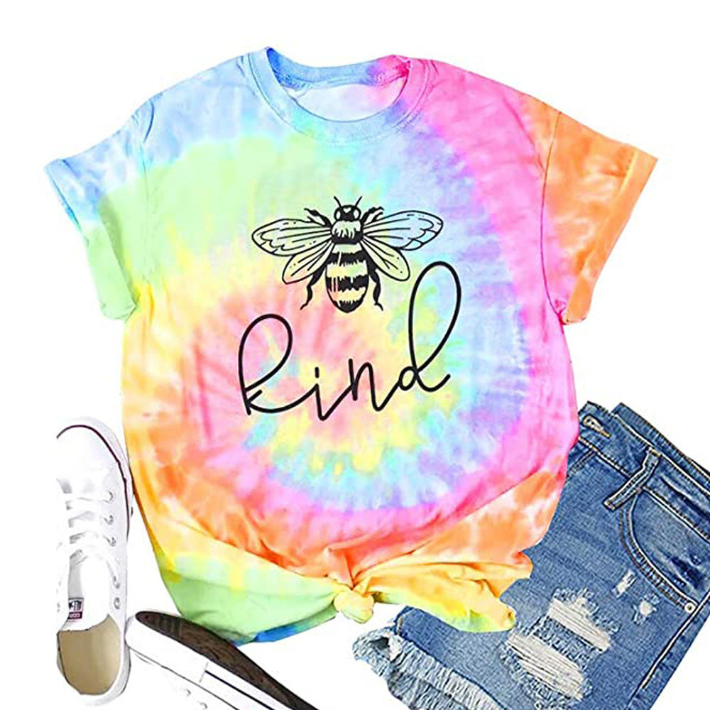 Tie Dye Bee Kind Bumble Bee Design Round Neck Short Sleeved Graphic Print Tee Shirt